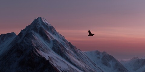 Majestic eagle soaring over snowy mountain peaks at sunset