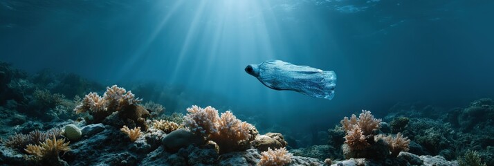 Fototapeta premium Graceful journey of female diver in sunlit ocean above vibrant coral reef