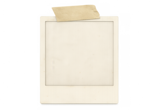 Old, blank instant photo print with a piece of sticky tape attached, isolated on a transparent background, ready for your image or design