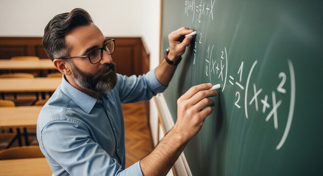 Ambidextrous school teacher in classroom writing math formula on the blackboard with white chalk in each hand, person using their brain hemispheres in a non symmetrical way, smart college professor