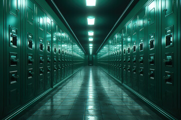 Fantastic Hallway with a row of green lockers a common feature in schools and universities