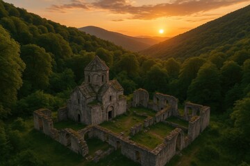 Aerial view of ancient monastery ruins nestled within dense woodland