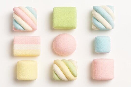 Vibrant assortment of marshmallows on a plain white backdrop