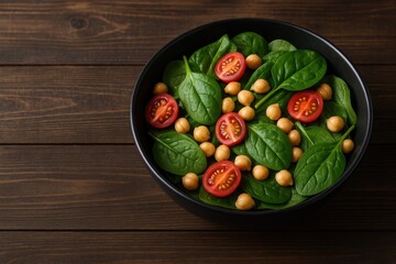 Healthy green salad with chickpeas and fresh spinach