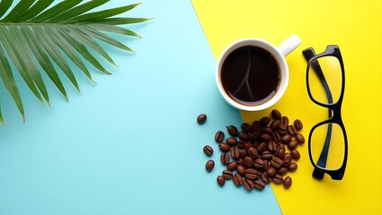 A cup of coffee with beans and glasses rests on a vibrant blue and yellow surface