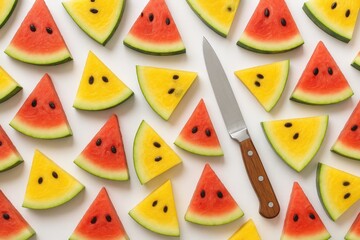Red and yellow watermelon slices with a knife on a white surface