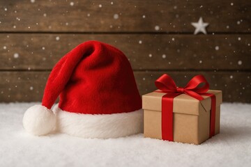 Festive winter scene with a holiday hat and wrapped present on snow