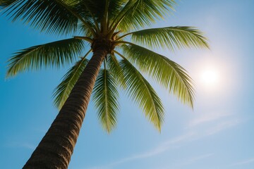 Close-up of a coconut tree trunk with a blurred summer sky backdrop