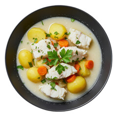 Delicious fish stew with potatoes and carrots isolated on transparent background