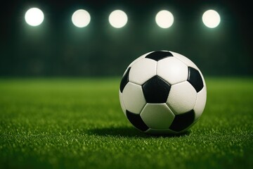 Fototapeta premium Football resting on the pitch with shining spots of light