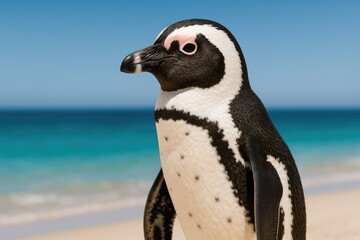 Fototapeta premium African Penguin Portrait with a Blue Backdrop