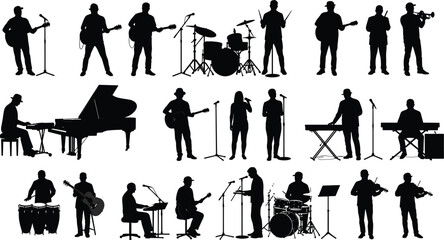Musician silhouette vector collection, jazz band performance, music concert illustration, singer and instrumentalist group, drummer and pianist icons