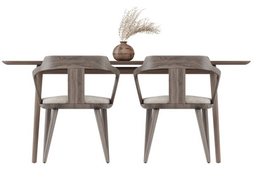 Front view of minimalist dining table with two chairs and vase centerpiece isolated on transparent background