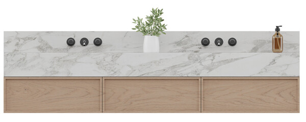 Front view of marble bathroom vanity with built-in sinks, black fixtures, and accessories isolated on white background