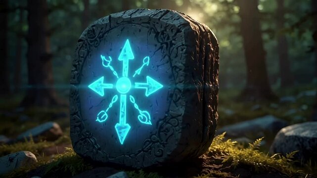Enigmatic Glowing Rune Stone in Dark Forest
