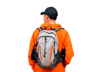 Outdoor adventure concept with backpacker and bright orange jacket for travel and exploration on transparent background, PNG