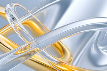Futuristic 3D abstract background featuring intertwined silver and gold fluid ribbons with transparent glass-like textures on a soft metallic surface. Ideal for luxury branding, cosmetics, tech design