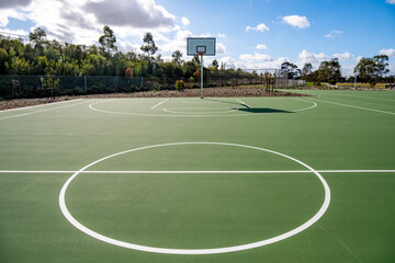 An empty, clean outdoor basketball court in a suburban park in Australia. Concept of community sports infrastructure and public recreational space