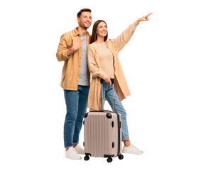 Happy couple with luggage ready for travel or vacation adventure on transparent background, PNG