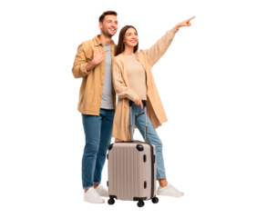 Happy couple with luggage ready for travel or vacation adventure on transparent background, PNG