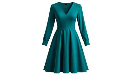 A teal long-sleeve dress with a V-neck, gathered bodice, defined waist, and a flared skirt isolated on solid white background