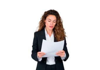 Businesswoman analyzing document for professional presentation on transparent background, PNG