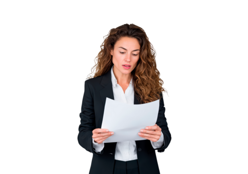 Businesswoman analyzing document for professional presentation on transparent background, PNG
