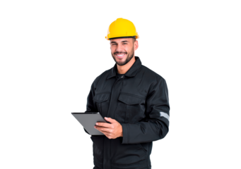 Construction worker with yellow hard hat and tablet for professional site management