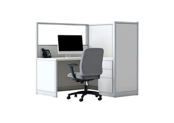 Modern office cubicle with computer and chair for workplace setup and design inspiration
