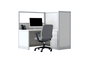 Modern office cubicle with computer and chair for workplace setup and design inspiration