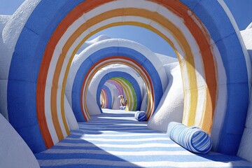 Obraz premium Colorful arched tunnels, snow-like structures, vibrant rainbow stripes, blue and white striped pathway