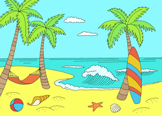 Naklejka premium Surfboard and hammock sea coast graphic beach color landscape sketch illustration vector