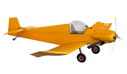 Yellow vintage aircraft isolated on white background with spinning propeller
