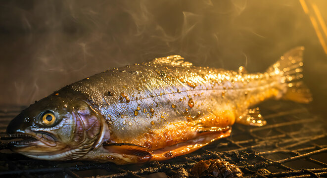 Canadian Nahanni Trout. Arctic char smoked over spruce cones, resinous aroma crystallizing on skin, cedar smoke 