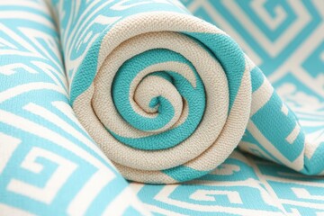 Close-up of a rolled-up beach towel with a turquoise and white geometric pattern
