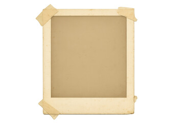 Fototapeta premium Weathered photo frame secured with adhesive tape, bearing vintage marks, resting on transparent backdrop