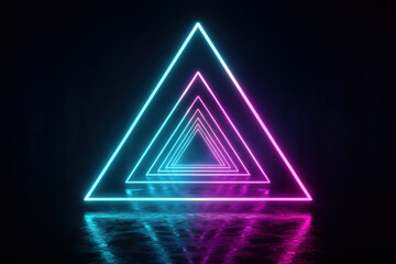 Neon triangles creating a futuristic tunnel with reflections on wet floor