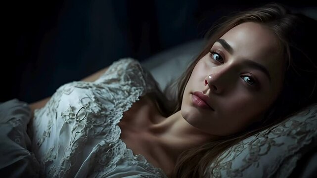 Pensive Young Woman in Lace Nightgown, Low-Light Portrait