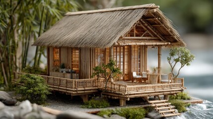 Fototapeta premium Tranquil Bamboo Villa Retreat on the Riverbank for Peaceful Getaways