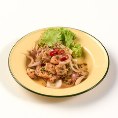 Spicy salmon salad served in yellow bowl with fresh lettuce, red chili, and onions, showcasing...