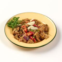 Flavorful Thai dish featuring spicy and tangy marinated beef tendon salad, garnished with fresh herbs, chili, garlic, and onions, served in rustic yellow bowl