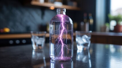 Glass bottle filled with water and glowing purple lightning strike inside