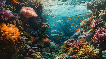 Fototapeta premium Vibrant coral reef teeming with tropical fish schools