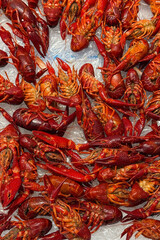 A Vibrant Collection of Freshly Cooked Crawfish Displayed on Ice, Ready to Savor for a Delicious...