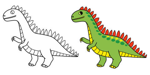 Black and white hand drawn dinosaur line art vector illustration with coloring page. Cute cartoon dinosaur, wild animal coloring page for adults and kids