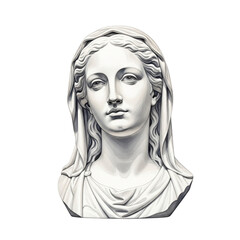 Sculpture of the bust of Mary, the mother of Jesus. A statue of the Virgin Mary for a religious and spiritual concept on a transparent background.