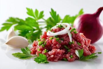 Fresh minced beef with onion, garlic, and parsley garnish