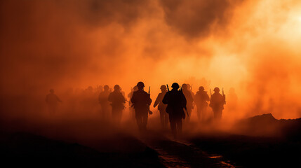 Fototapeta premium Soldiers Silhouetted on a Smoky Battlefield