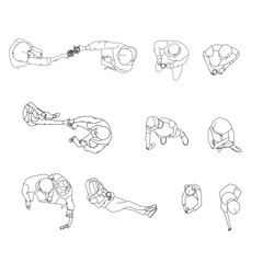 Top View People in Coffee Shop and Bar Scenes – Vector Line Set