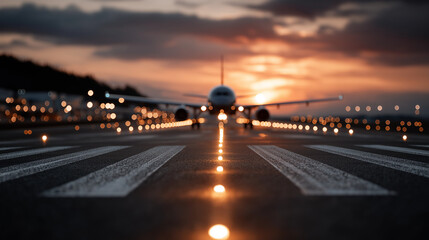 A single plane glides in a bright path at dusk under a clear evening sky.